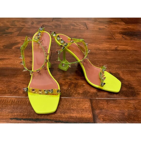 Amina Muaddi Neon Yellow Julia Heels W/ Spiked Ankle Strap, Size 40 (EU) 10 (US) - Picture 2 of 10